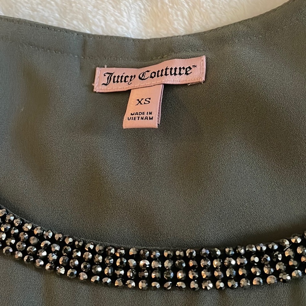 Juicy Couture Tiered Army Green Sleeveless Blouse With Bejeweled Neckline